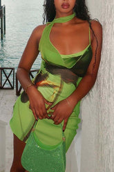 BXOXO - Green Ribbon Printed Bodycon Cami Dress